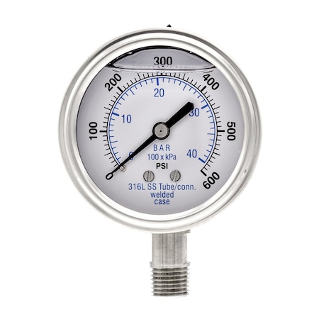 Pic Gauges 2 1/2 in Dial, 1/4 in NPT Male Lower Location, Stainless Steel Case Material PRO-301L-254K-01